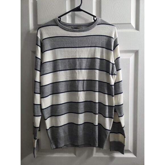 Cedar Wood State Mens Medium Grey Whit Navy Stripe Long Sleeve Striped Sweater - Picture 1 of 6